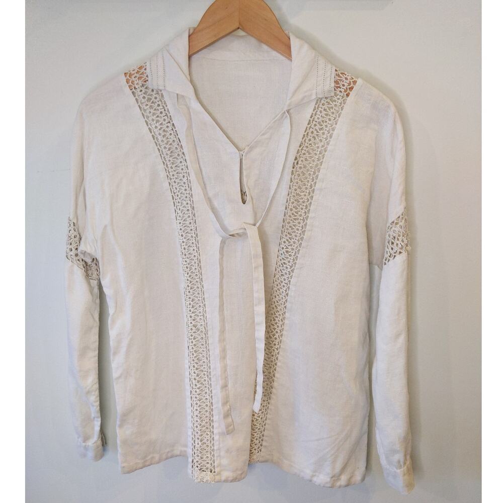 Cream Linen Blend Tie Front Peasant Blouse S/XS Crochet Trim Boho Cottagecore